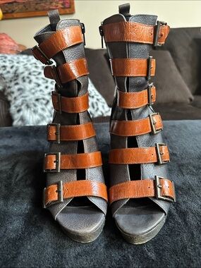 Jeffrey Campbell Brown and Black Strappy Buckle Gladiator Heels